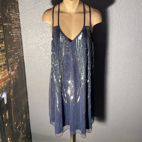 ANGIE - NWT - dress: grey lined mini, mesh overlay & beads / sequins, straps - L - Picture 2 of 16